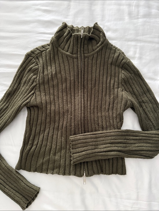 Garage Sweaters - Garage Olive Ribbed Zip-Up Turtleneck Sweater